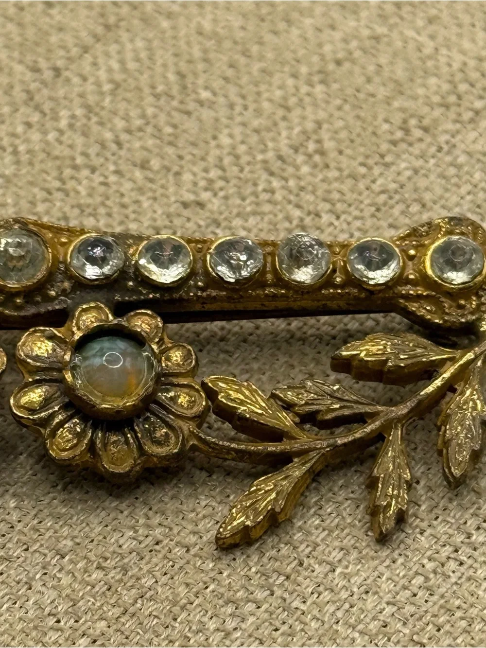 Vintage antique Gold tone bar brooch Floral Rhinestone Brooch